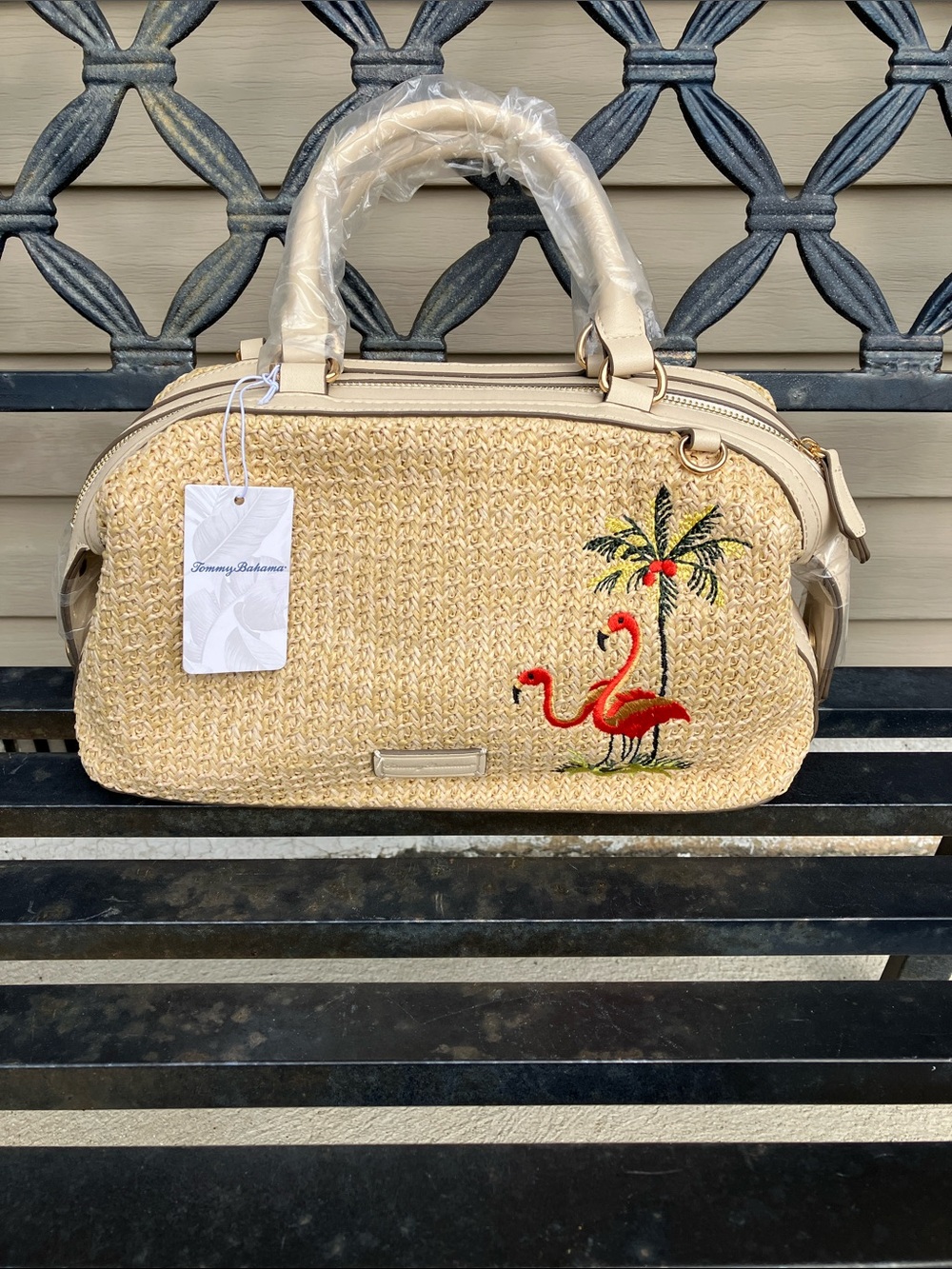 Tommy Bahama Cream-Trim Straw Mini Satchel with Red Flamingo Embroidery